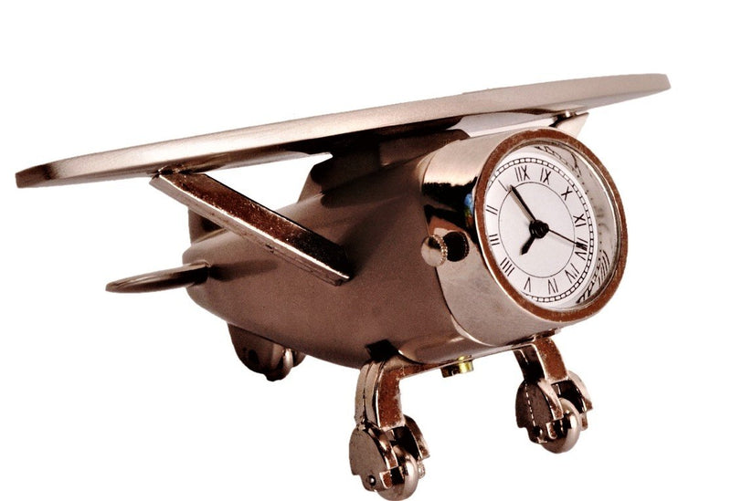 Purpledip Table Clock 'Time-to-Fly': Aeroplane Design Small Timepiece for Home, Office Car Dashboard Or Kids Room, Metallic, Small (11204)