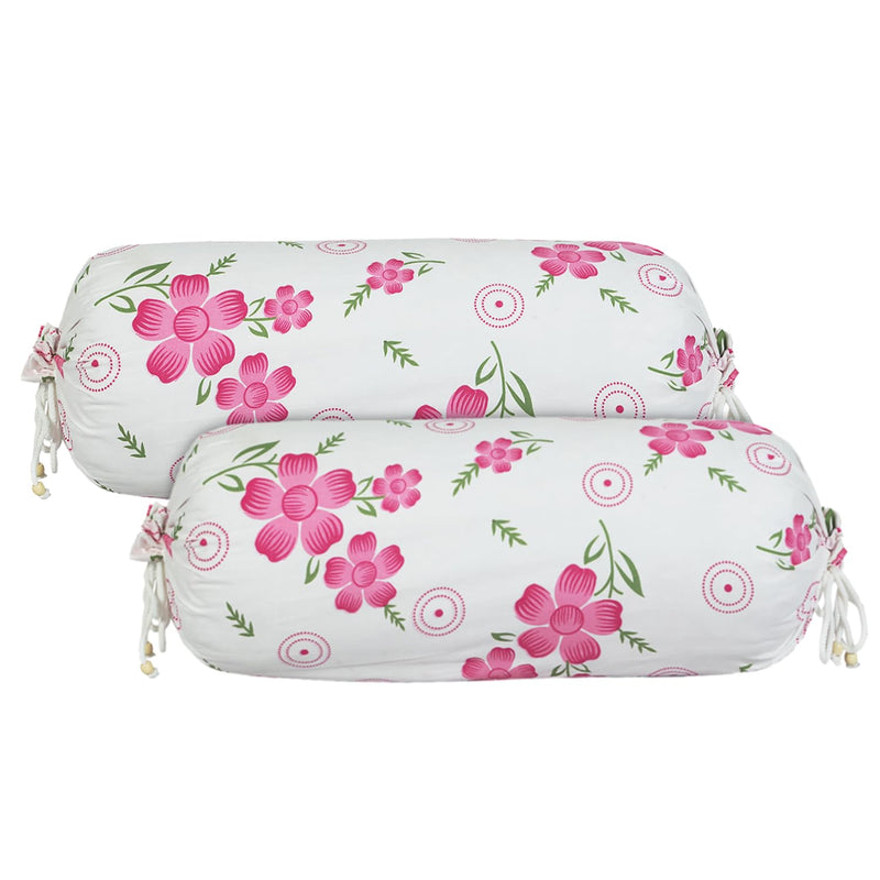 Kuber Industries Bolster Covers | Soft Cotton Bolster Cover Set | Bolster Pillow Covers | Pink Circle Flower Roll Masand Cover | Long Pillow Case | 16x32 Inch | Pack of 2 | White