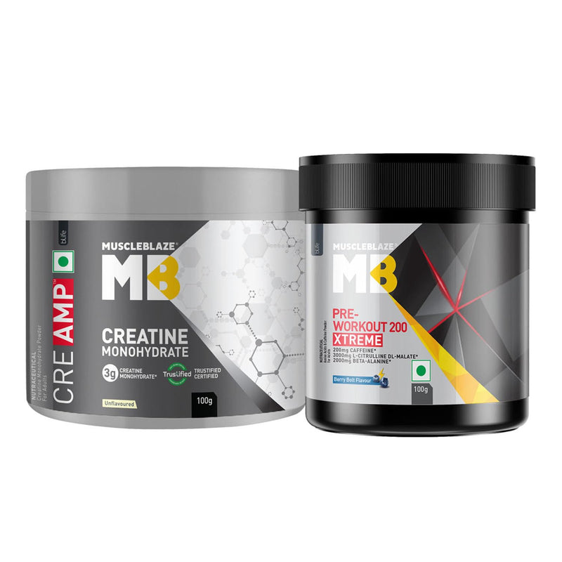 MuscleBlaze Pre Workout 200 Xtreme, 200 mg Caffeine, 200 mg Theanine, 2000 mg Beta Alanine, 3000 mg Citrulline (Berry Bolt, 100 g) & Creatine Monohydrate CreAMP™ with CreAbsorb™ (100 g, Unflavoured)