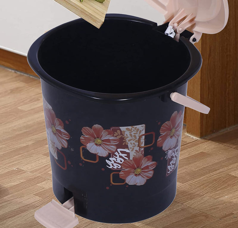 Kuber Industries Durable Floral Print Plastic Pedal Dustbin|Waste Bin|Trash Can For Kitchen & Home With Handle,10 Litre (Black)