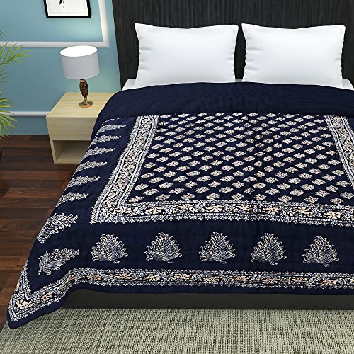 Razai Single, Jaipuri Razai, Blanket, Quilt Cotton Quilted Bedding Set, Hand Painted Pattern, King Size, Blue (Blue Dai Single)