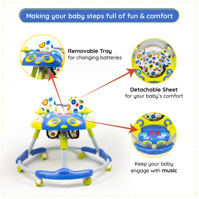 BUMTUM Baby Walker | Baby Walker with Parental Handle, Music & Stopper | Blue & Yellow Kitty Walker | 6-48 Months | Multifunctional & Adjustable