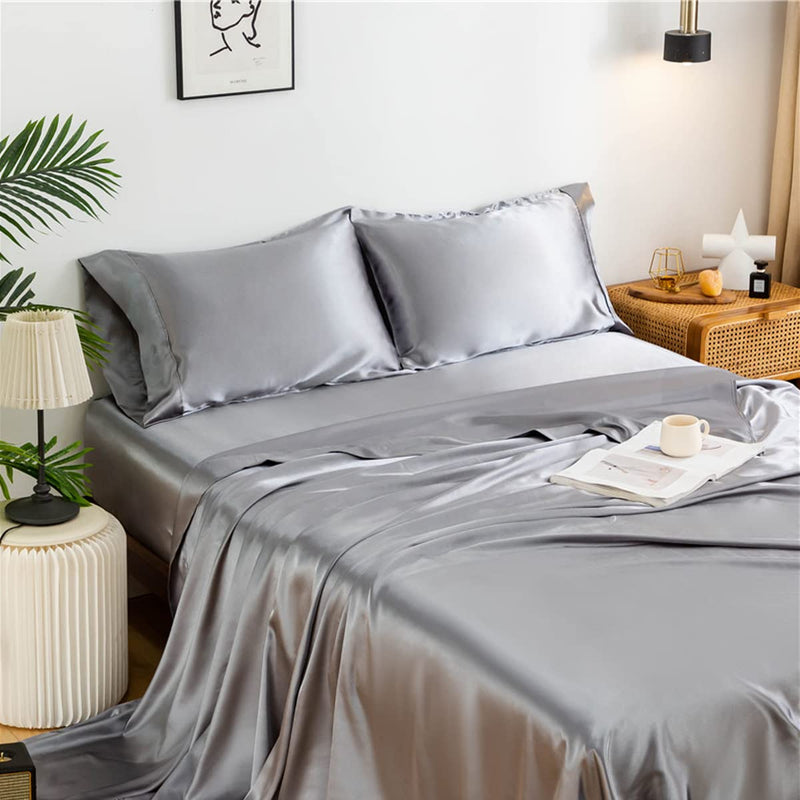 UDEAL Queen Bed Sheets Set Satin Sheet & Pillowcase Sets Deep Pocket Silky Soft Breathable Bed Sheets 1800 Microfiber(4-Piece, Silver Grey)