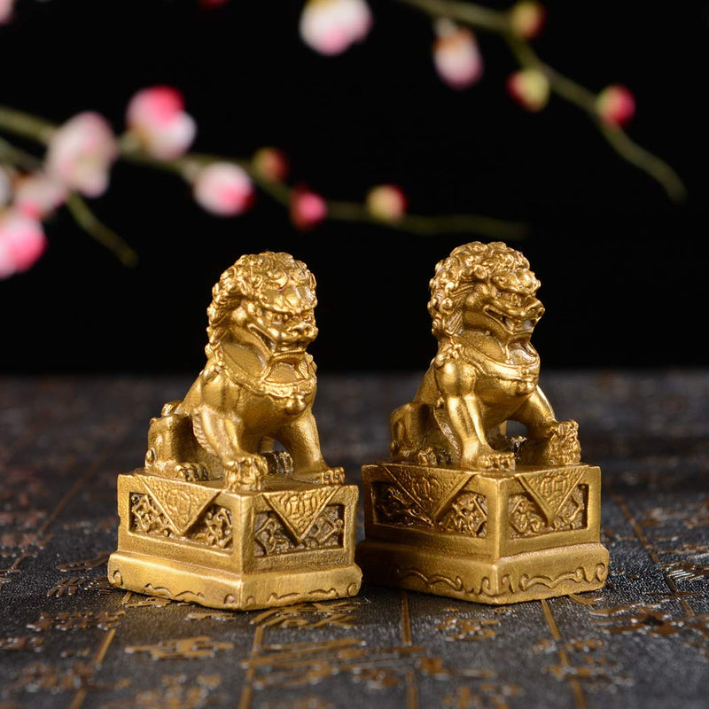 2.8in(H) Fengshui Brass Pair of Fu Foo Dogs Guardian Lion Statues Housewarming Congratulatory to Ward Off Evil Energy ZD099