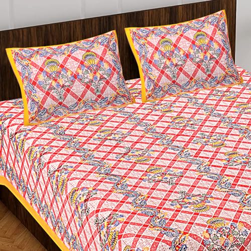 JAIPUR PRINTS 100% Cotton Rajasthani Jaipuri Traditional Floral King Size Double Bedsheet with 2 Pillow Covers - Double Bedsheets 28