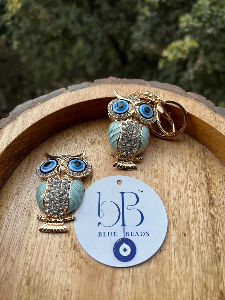 BLUE BEADS Combo Gold with Evil Eye Crystal Rhinestone Sparkling Owl Fridge Magnet and Keychain Handbag Charm for Women (Turquoise)