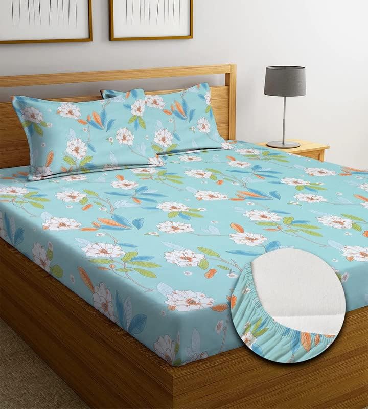 HOMICON Premium Glace Cotton Elastic Fitted Bedsheets with 2 King Size Pillow Covers | Double Bed with All Around Elastic | Size - 72 King Size x 78+10 inches, Floral Aqua Green