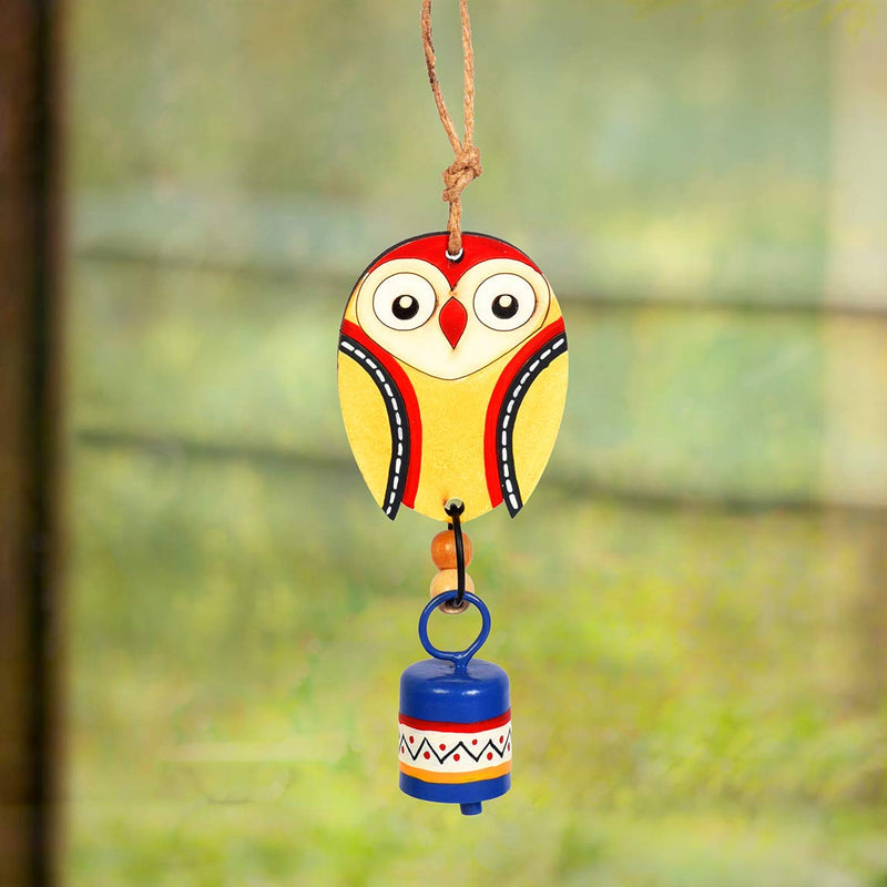 Aakriti Art Creations Hand-Painted Owl Wind Chime with Metal Bell, Yellow and Blue, 7 inches