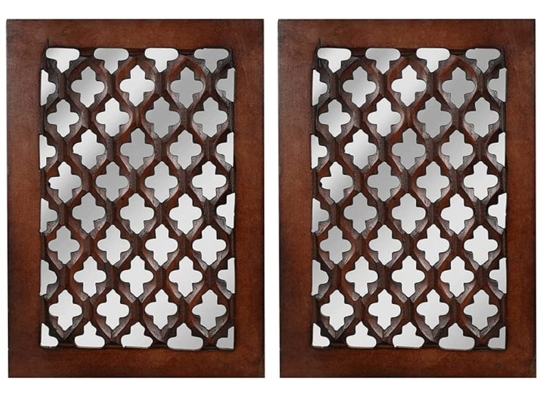 WHF Wood Painted�Wall�Hanging Jharokha Inside Mirror,�Wooden�Wall�Hanging,�Wooden�Wall�Panel (8.5x11.5,) inches Set of Two.(�Brown), Rectangular, Framed