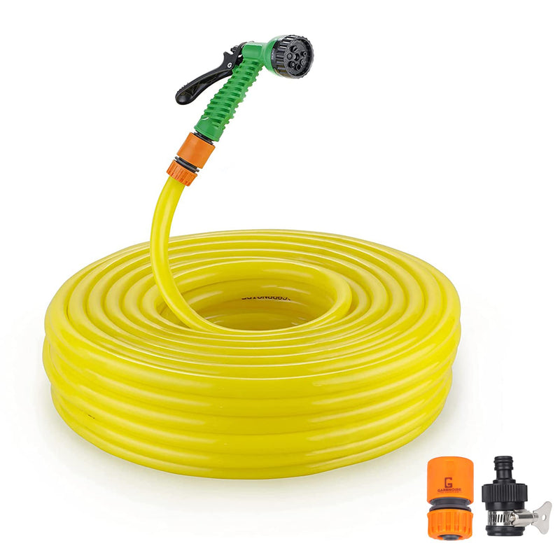 Garbnoire 10m 0.5 inch PVC Heavy Duty Yellow Garden Pipe | Lightweight, durable & flexible garden hose with garden accessories like hose quick connector, tap adapter & water spray gun (nozzle) | The best choice for outdoor-indoor use | Water hose pipe