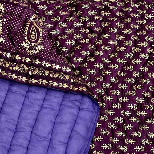 fashhub Rajasthani Cotton Filled Light Weight Silk Soft Jaipuri AC Quilt/Razai Dohar Over All Floral Print Design with Gold Print Quilts Blankets for Home (85x100 Inch,Purple Jaal Print, Double Bed)