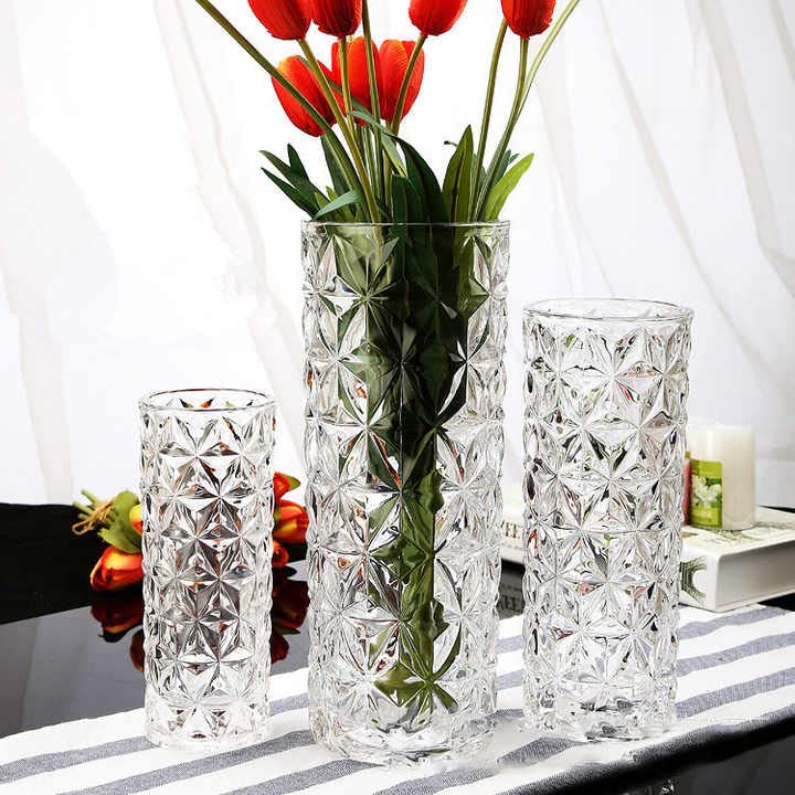 Source India Glass Dimond Cut Flower Vase (Crystal Clear 8 Inch) Clear Crystal Vase,Orchid Pattern Glass Vase for Centerpieces Modern Flower Vase Decorative