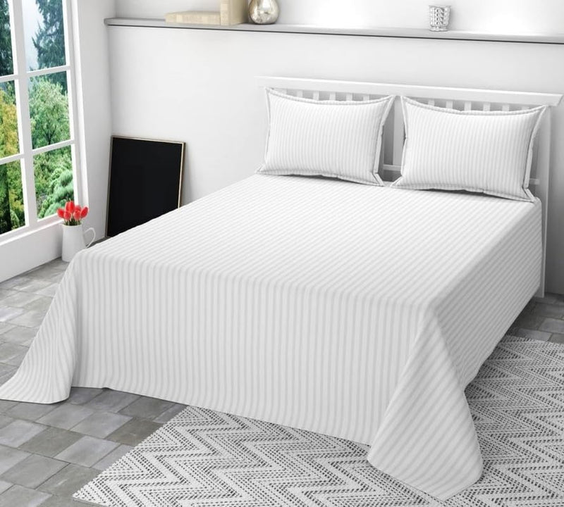 400 TC Cotton Double Bed Bedsheet with 2 Pillow Covers - Striped, King Size, White (90X100 bedsheet 17x27 Pillow Cover)