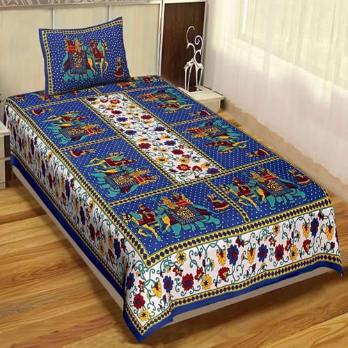 ROLEXTO 104 Tc Pure Cotton Single BedSheet with Two Pillow Covers | 60 X 90 Inches | EXLSG-103 | Blue