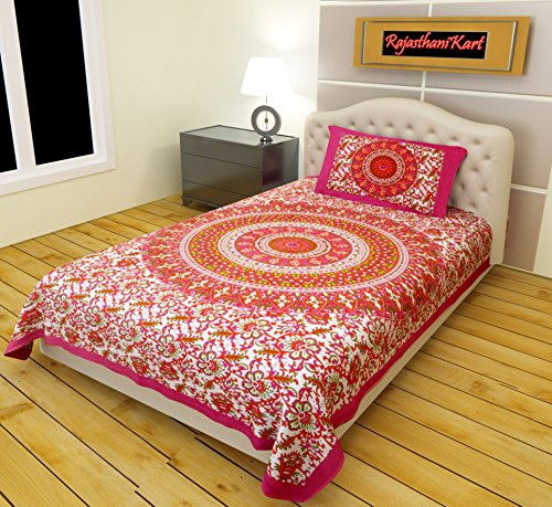 RajasthaniKart® Comfort Rajasthani Jaipuri Traditional Sanganeri Print 144 TC 100% Cotton Single Bedsheet with 1 Pillow Covers (Single, Pink)