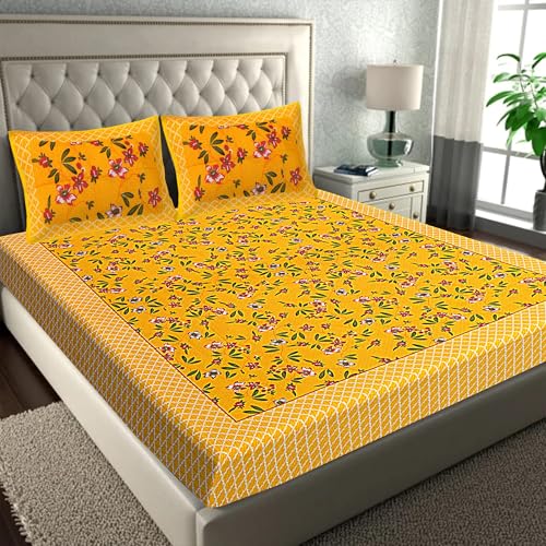 JAIPUR PRINTS Cotton Traditional Jaipuri Printed Double Bedsheet for Double Bed King Size with 2 Pillow Covers - Yellow.