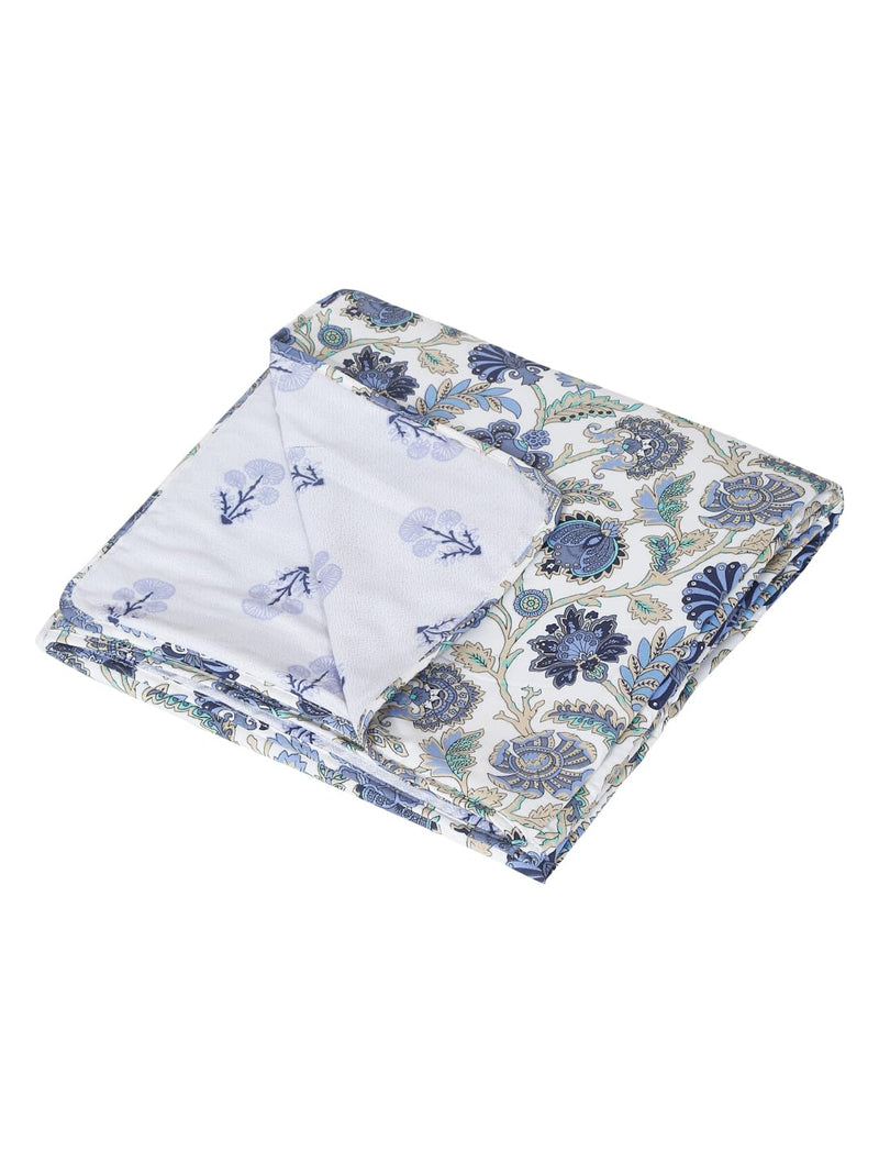 Rajasthan Décor Graceful White and Blue Floral Printed 120 GSM Reversible Cotton Single Bed AC Dohar - Soft and Cozy Lightweight Blanket for All Seasons