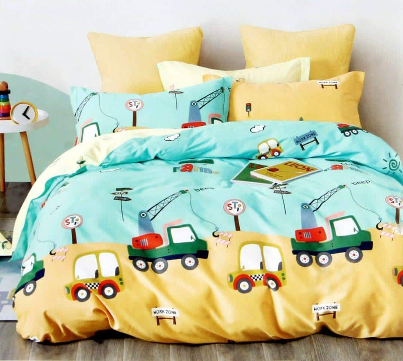 Mosho Yellow 180 TC Glace Cotton Kids Car Crane Cartoon Printed Double Bed Bedsheet with 2 Pillow Covers