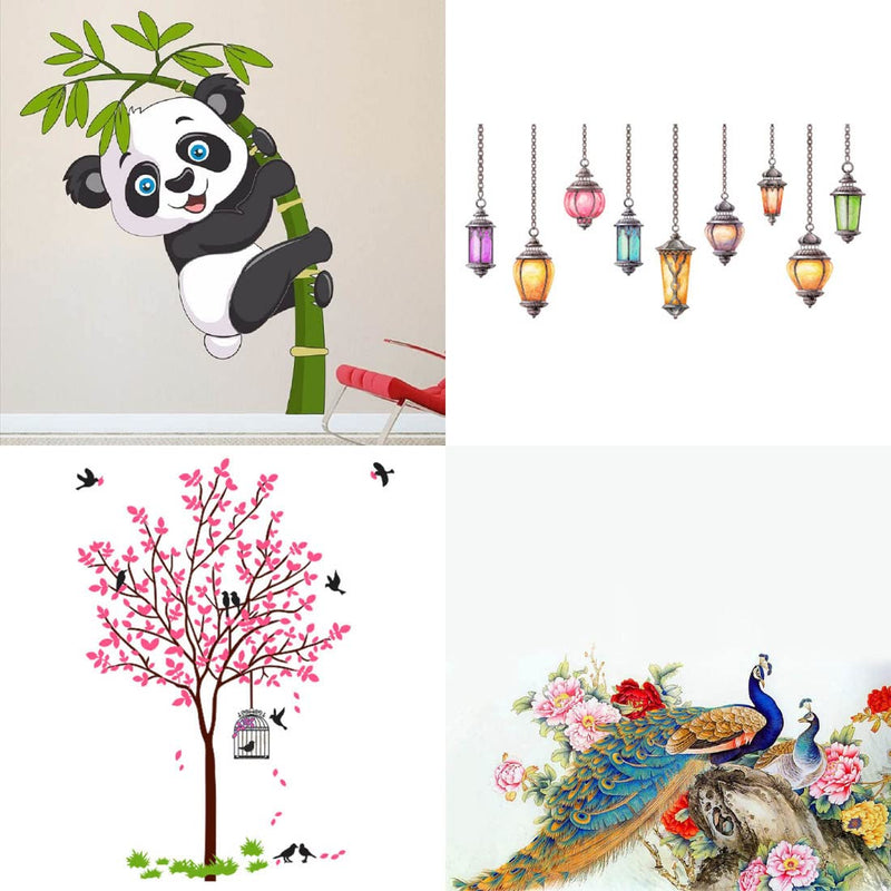 Trendy Set of 4 Wall Stickers Baby Panda Hanging Lamp Pink Tree with Bird and Nest Royal Peacock Self Adhesive Vinyl Waterproof Decals for Home