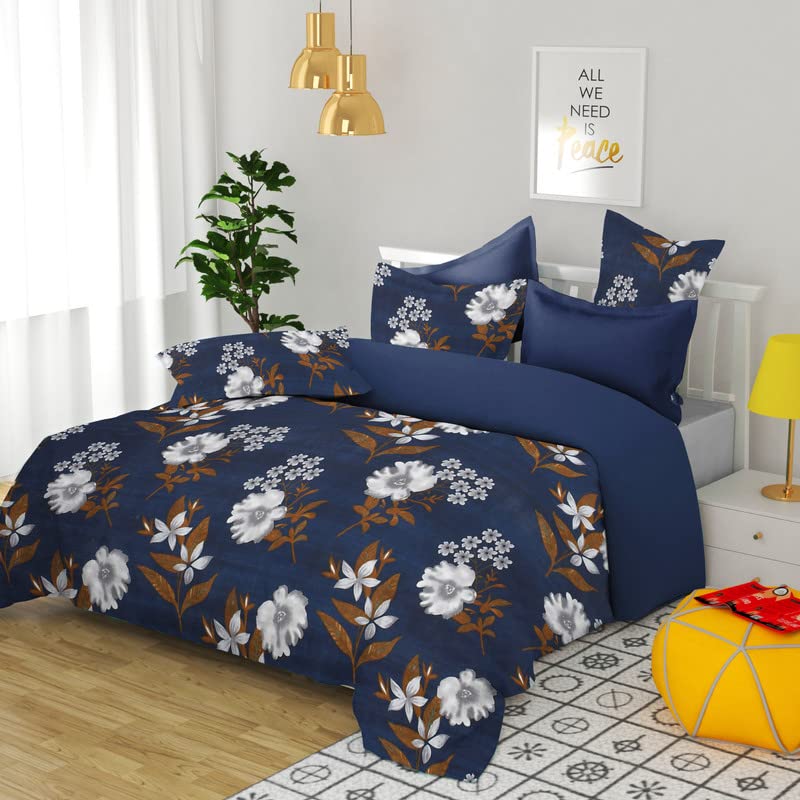 BSB HOME 120 TC Double Abstract Floral Bedsheet with 2 Pillow Covers | 110 GSM Soft Brushed Microfiber - Breathable & Wrinkle Free - (86 X 88 Inch, Dark Blue & Beige & Brown)