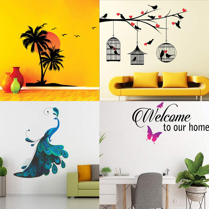 Walltech Combo of 4 Wall Sticker Beach with Sunset-(55 x 60 cms) | Love Birds with Hearts-(125 x 85 cms) | Modern Peacock-(90 x 75 cms) | Welcome to Our Home Butterfly-(91 x42 cms) - Material Vinyl