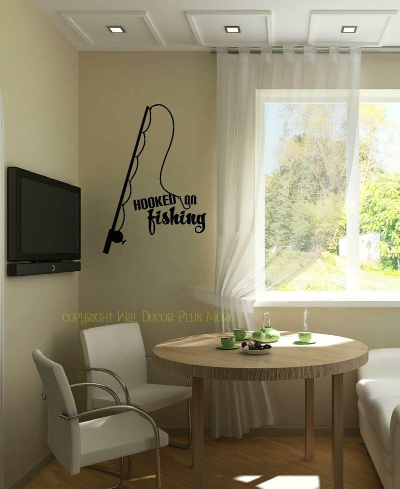 GADGETS WRAP Hooked on Fishing with Pole Wall Decal Lettering Vinyl Sticker Quote