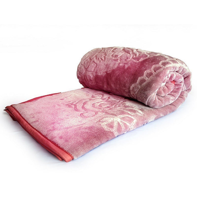 MIRAVU Velvet Floral Embossed Super Soft Heavy Single Bed Mink Blanket for Winter (Baby Pink, Single Bed (85x60 Inch))