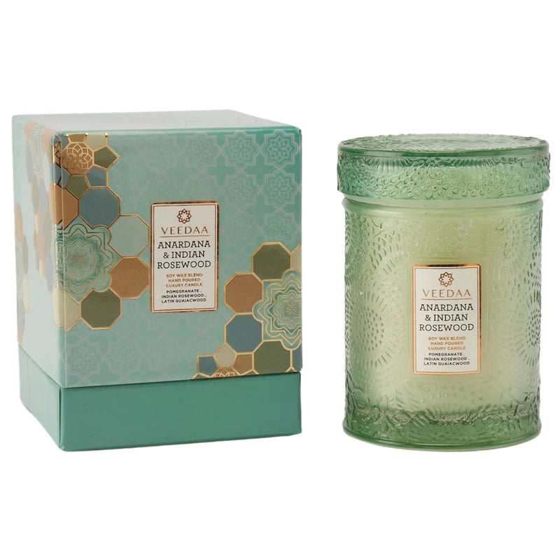 VEEDAA Anardana & Indian Rosewood Soy Wax Mandala Glass Scented Candle (Burns 22 Hours)