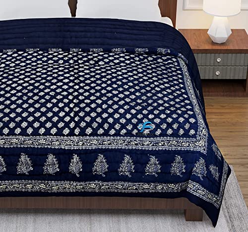 BRULD Jaipuri Razai Rajasthani Traditional Golden Printed Hand Stitched Blanket King Size Winter and Summer Soft Light Weight Ac Quilt Rajai Original Pure Cotton Comforter (Blue, Double Bed)