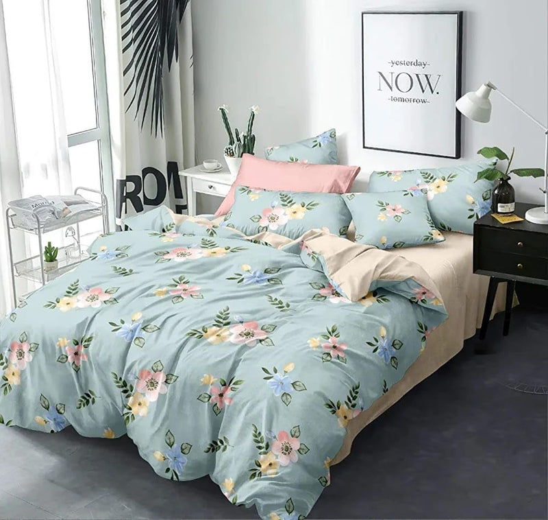 Flower Print Light Green Double Bed Flat bedsheet with 2 Pillow Cover and 2 Cushions with Quilted Cover (5 pcs Set)