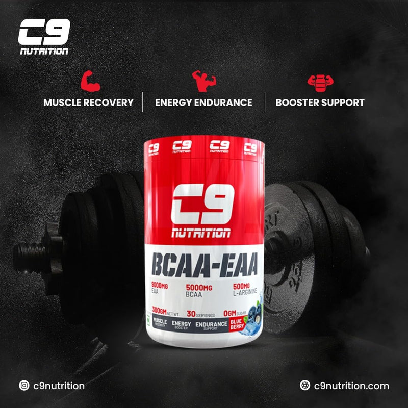 C9 Nutrition BCAA + EAA Powder | Sugar Free Powerful Intra Workout | Muscle Recovery Drink with 5000mg BCAA, 9000mg EAA, 500 mg L-Arginine | Amino Acid Supplements (30 Servings) (Blue Berry)