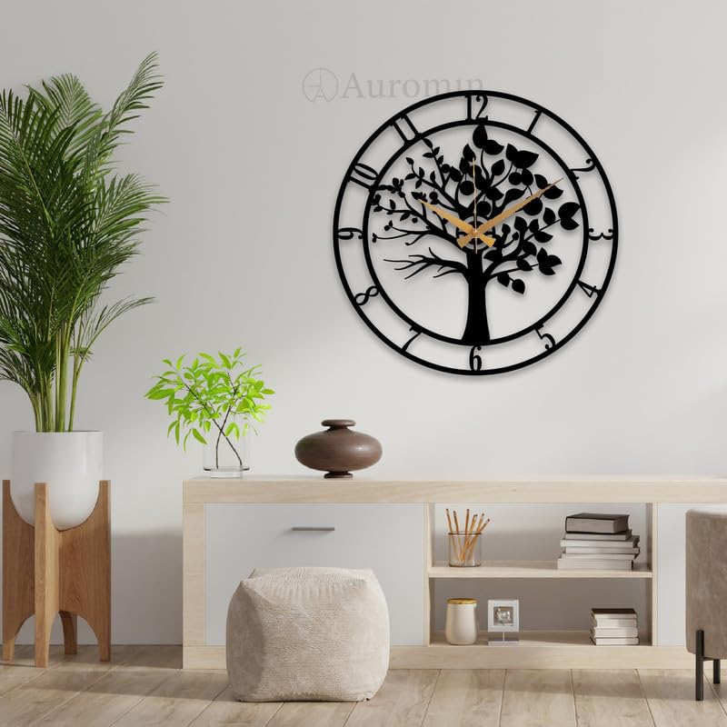 Auromin Tree Design Antique Metal Wall Clock for Home, Unique Designer Fancy Big Size Stylish Wall Watch for Living Room, Bedroom, Office, Kitchen, Kids Room, Wall Decor, Hall