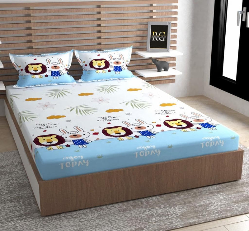 OZZARRO - 100% Cotton Double Bedsheet with 2 Pillow Covers - (White and Blue Lion Print Double Bed 90 * 90inch)