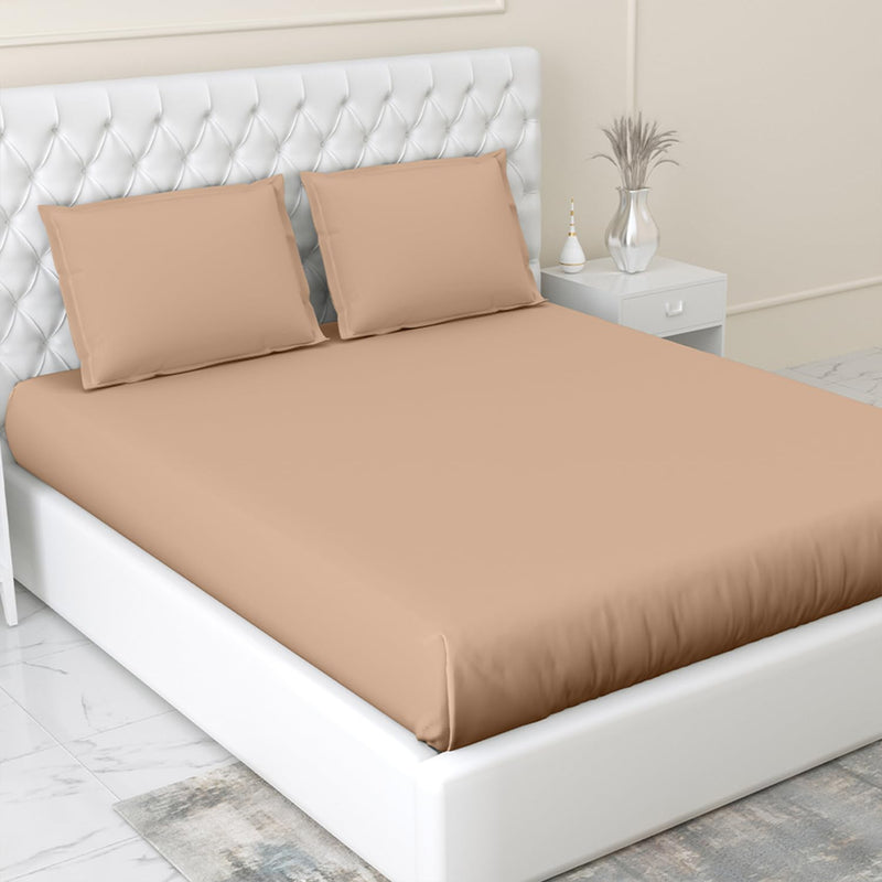 haus & kinder 100% Cotton Elastic Fitted Bedsheet King Size For Double Bed | 300Tc 1 Elastic Bedsheet King Size Cotton & 2 Pillow Covers (78 X 72 Inches + 13 Deep Pocket) | Apricot, 300 tc