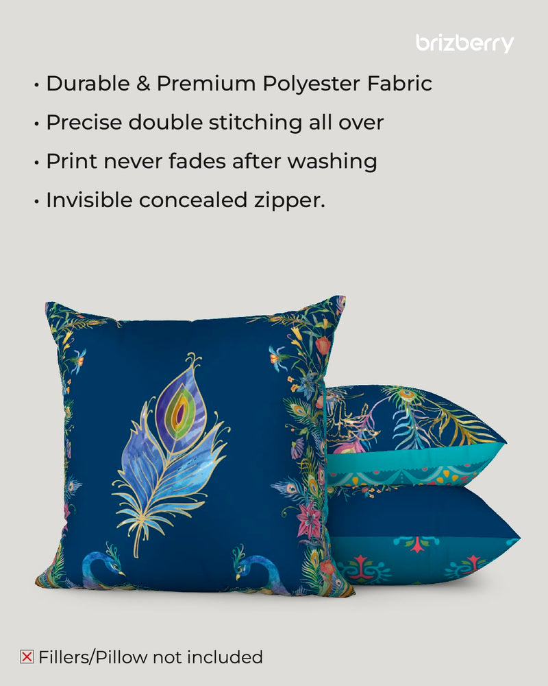 Brizberry® Designer Blue Peacock Ethnic Decorative Premium Poly Cotton Throw Pillow Cushion Covers, Double Both, Set of 5 (16 inch x 16 inch) (Design 42)