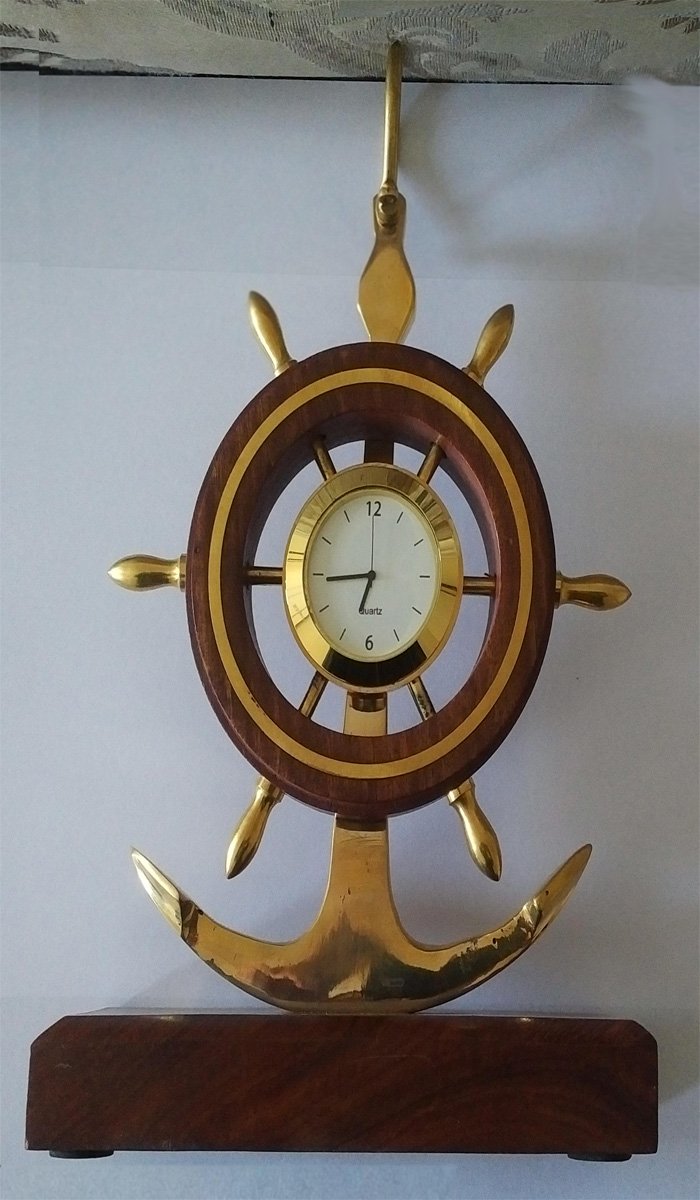 Antique Gifts Shipwheel Anchor Clock Brass Wooden Base Classic Table Top Excellent Gift Desktop Decor Utility Product