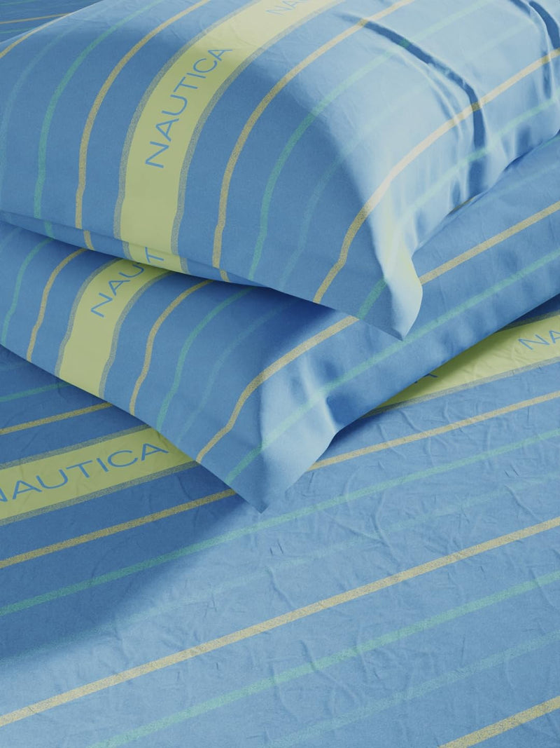 NAUTICA Super Soft 100% Cotton King Bedsheet and 2 Pillow Covers -3pc Set (northsail) Stripe-SkyBlue