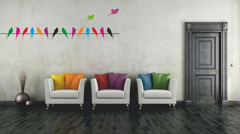 GADGETS WRAP 'Colourful Birds with Long Tail on Wire' Wall Sticker