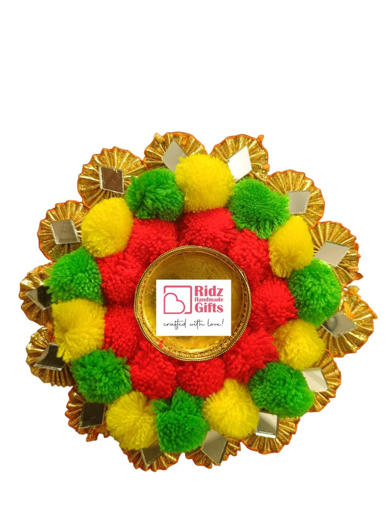 Ridz Handmade Gifts Multicoloured Tealight Pom Pom Rangoli Decorative Boards for Indian Traditional Festival New Year Dcor