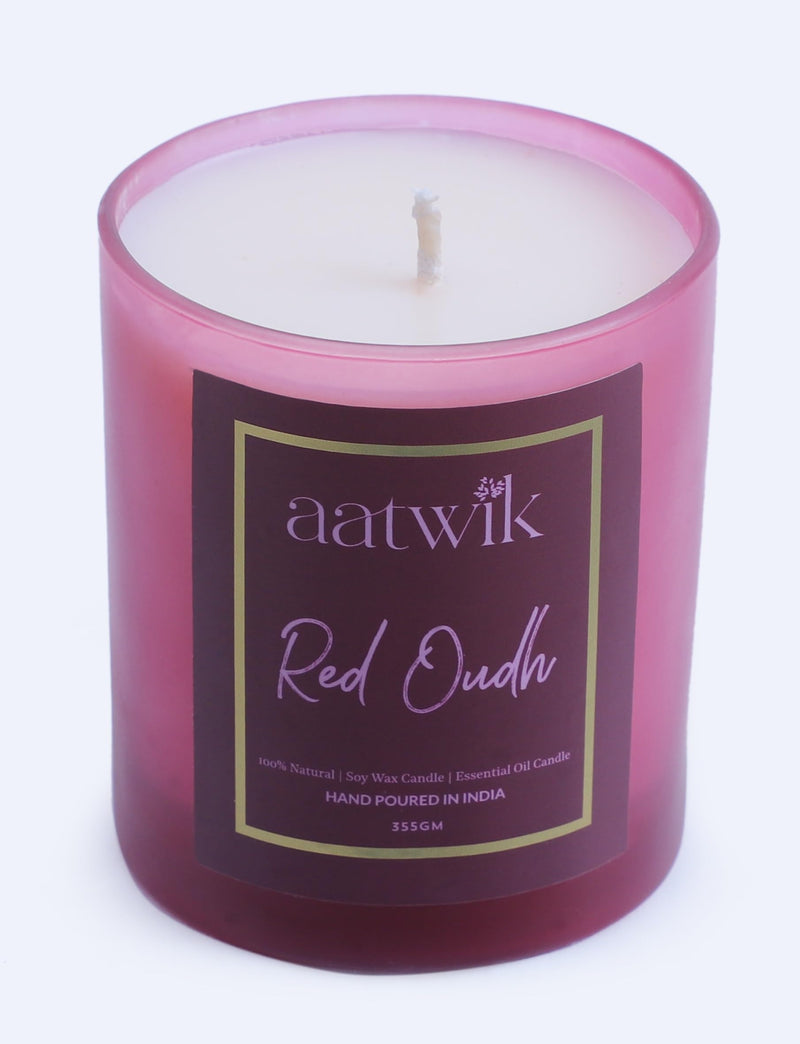 Aatwik Red Oudh Scented Soy Wax Candle with Upto 70 Hr Burn Time Rose and Oudh Essential Oils Fragrance Jar Candle (350 gm)