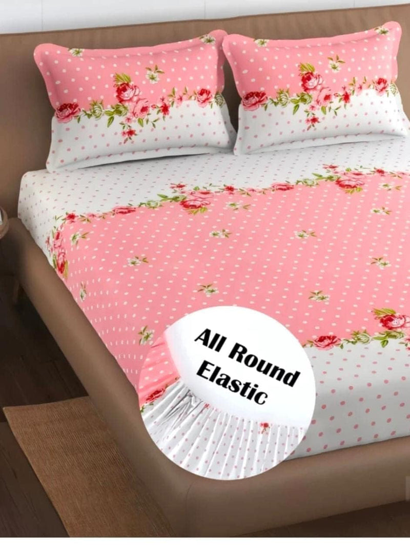 MAA HOME CONCEPT Glace Cotton Elastic Fitted Bedsheets Double Bedsheet with 2 Pillow Covers (Pink Dots)