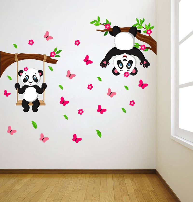 Delight Art Beautiful Hanging Pandas and Butterfly Design Wall Sticker Size - (88 * 68) cm