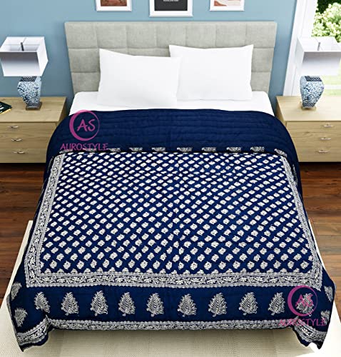 AUROSTYLE 400 TC Light Weight Pure Cotton Jaipuri Traditional Floral Design with Gold Print Double Bed Jaipuri Quilt/Razai/Rajai (Blue, Double Bed (90 x 105 Inch))