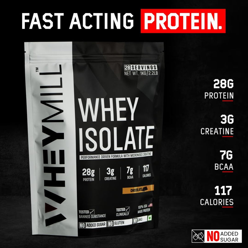 WHEYMILL 100% Whey Protein Isolate 28G Protein,3G Creatine,7G Bcaa Easy Mixing,Low Carbs Whey Protein Isolate Supplement Powder With Creatine For Men,Women&Athletes(1 Kg/2.2Lb 28 Servings Chocolate)