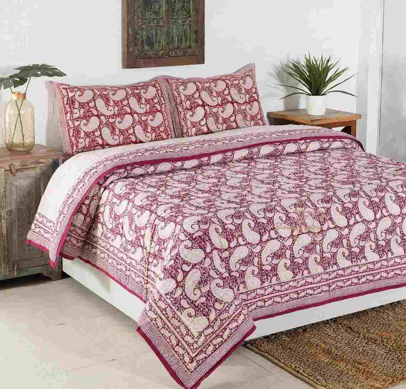 FEELRAX Organic Pure Cotton 350 TC Reversible Hand Block Quilt Jaipuri Razai Pink Butta (King Size 108X108 Inches)