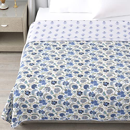 SPSON'S HANDLOOM Provide Cotton 100% Cotton Reversible Three Layer Dohar Double Bed AC Summer/Blanket/Quilt Double (White and Blue, 94" *100") A