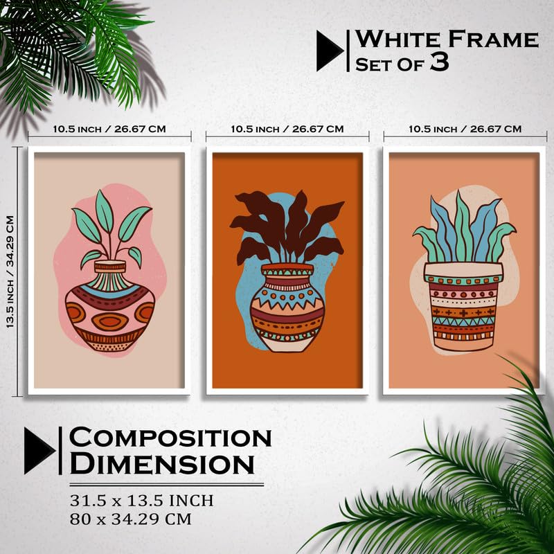 SAF paintings Set of 3 flower pot Boho modern art design Premium white Framed Bohemian wall painting for for Wall, Home and Living Room Decoration 80 cms x 34.29 cms COMBO-2006-K3