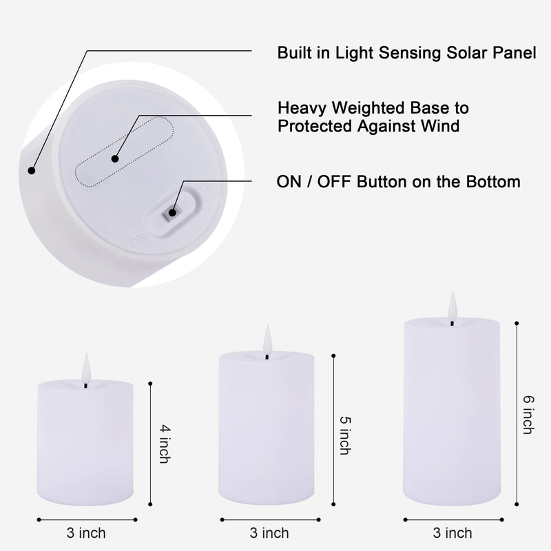 Solar Candles Outdoor Waterproof Flameless Pillar LED Candles Set of 3 Dusk to Dawn Rechargeable Window Sensor Lights 3x4/5/6 Inch White