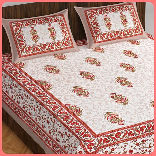 100% Cotton Double Bedsheet for Double Bed King Size Traditional Jaipuri Bedsheet with 2 Pillow Covers - Multi32