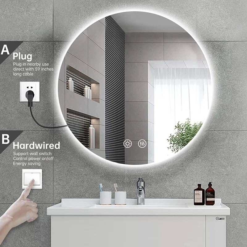 Artessa Minimal Backlit Round LED Mirror with Defogger, Dimmer-Option, 3-Colour LED for Bathroom (70 x 70 CM)